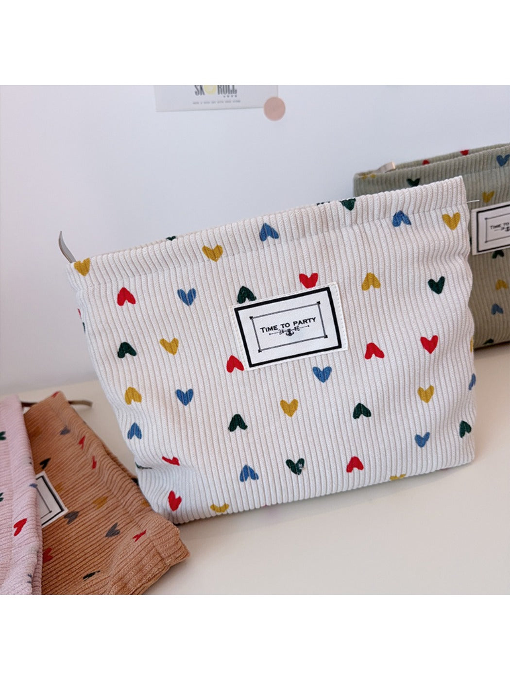 Cosbai - Corduroy Zippered Makeup Pouch with Heart-shaped Patterns