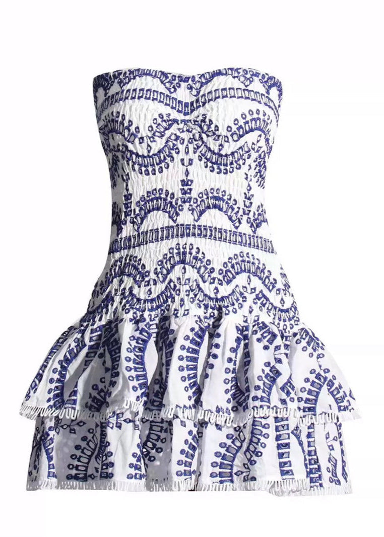 Smocked Strapless Mini Dress Lightweight Blue Print