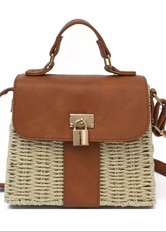 Woven Rattan Crossbody Bag with Faux Leather Trim