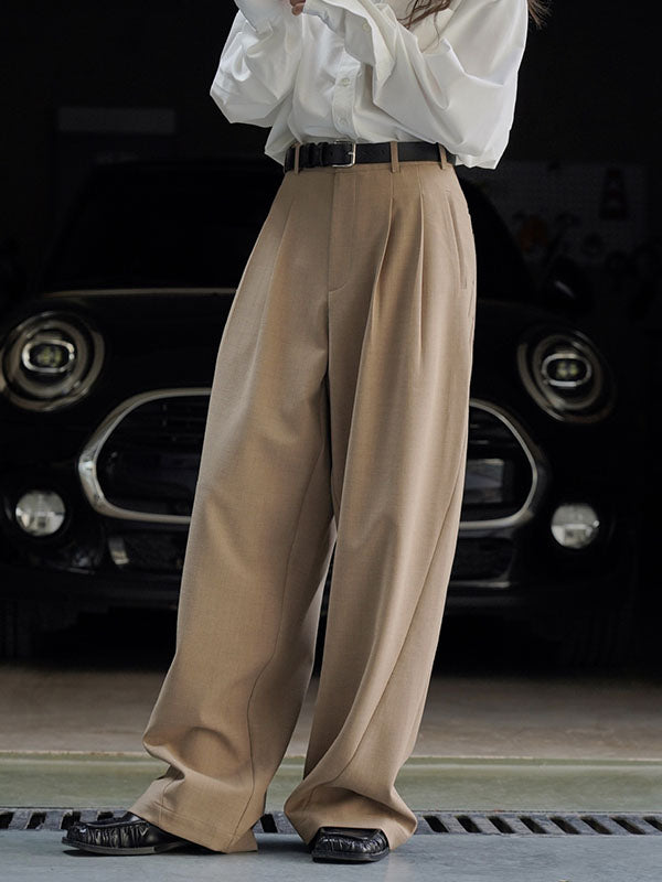 High Waisted Loose Pleated Solid Color Split-Joint Casual Pants Bottoms Trousers