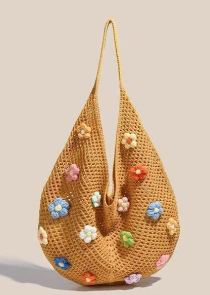 Crochet Shoulder Bag with Colorful 3D Floral Accents