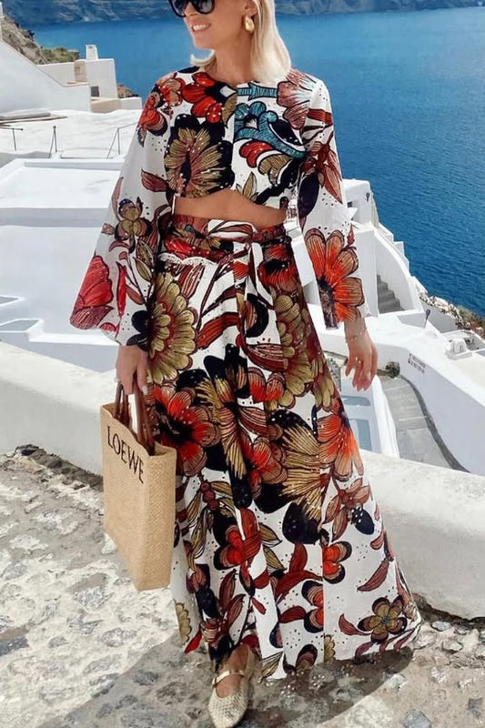Vacay Mode Hollow Lace Unique Print Bell Sleeve Crop Top and Tie-up Maxi Skirt Set