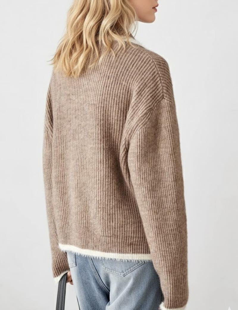 Soft Color Block Zipper Lapel Pocket Knit Cardigan