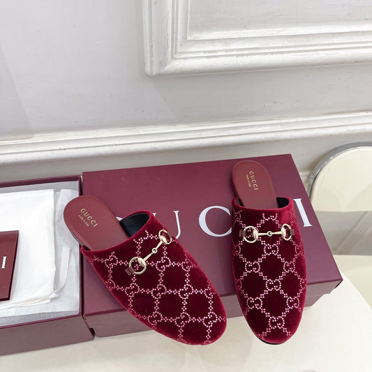 GG 26 Horsebit Flat Mules Rhinestones Red Velvet 587081