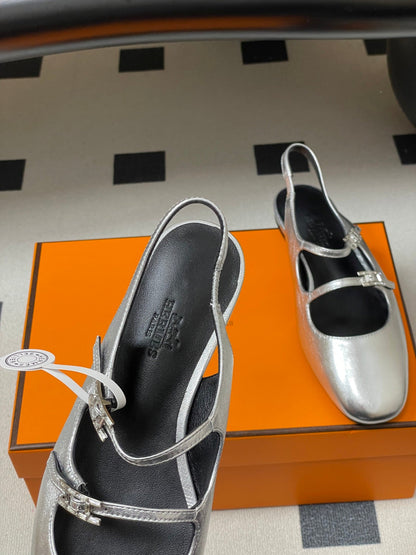 Hermes 26S Mila Open-Heel Sandals Silver in Calfskin 594344