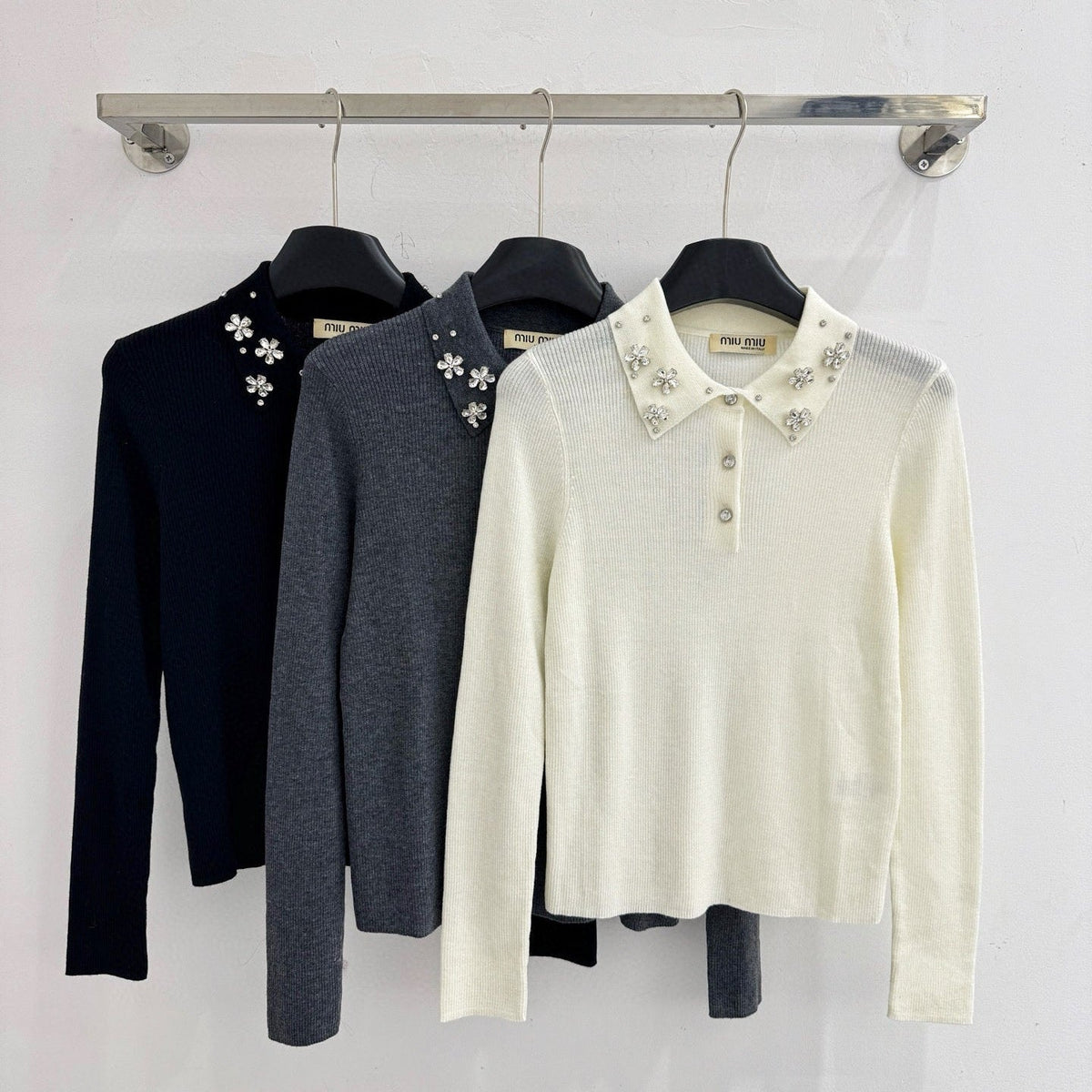 Miumiu 2025 Beaded Collar Long-Sleeve Knit Sweate Wool