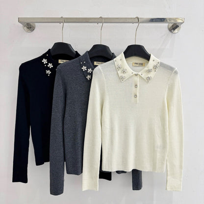 Miumiu 2025 Beaded Collar Long-Sleeve Knit Sweate Wool