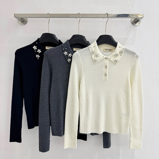 Miumiu 2025 Beaded Collar Long-Sleeve Knit Sweate Wool