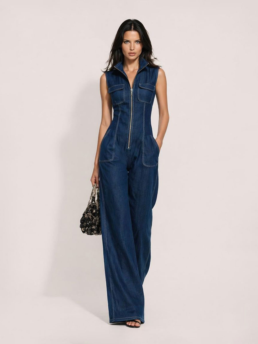 Celine Retro Stand-Collar Zip-Front Sleeveless Denim Jumpsuit