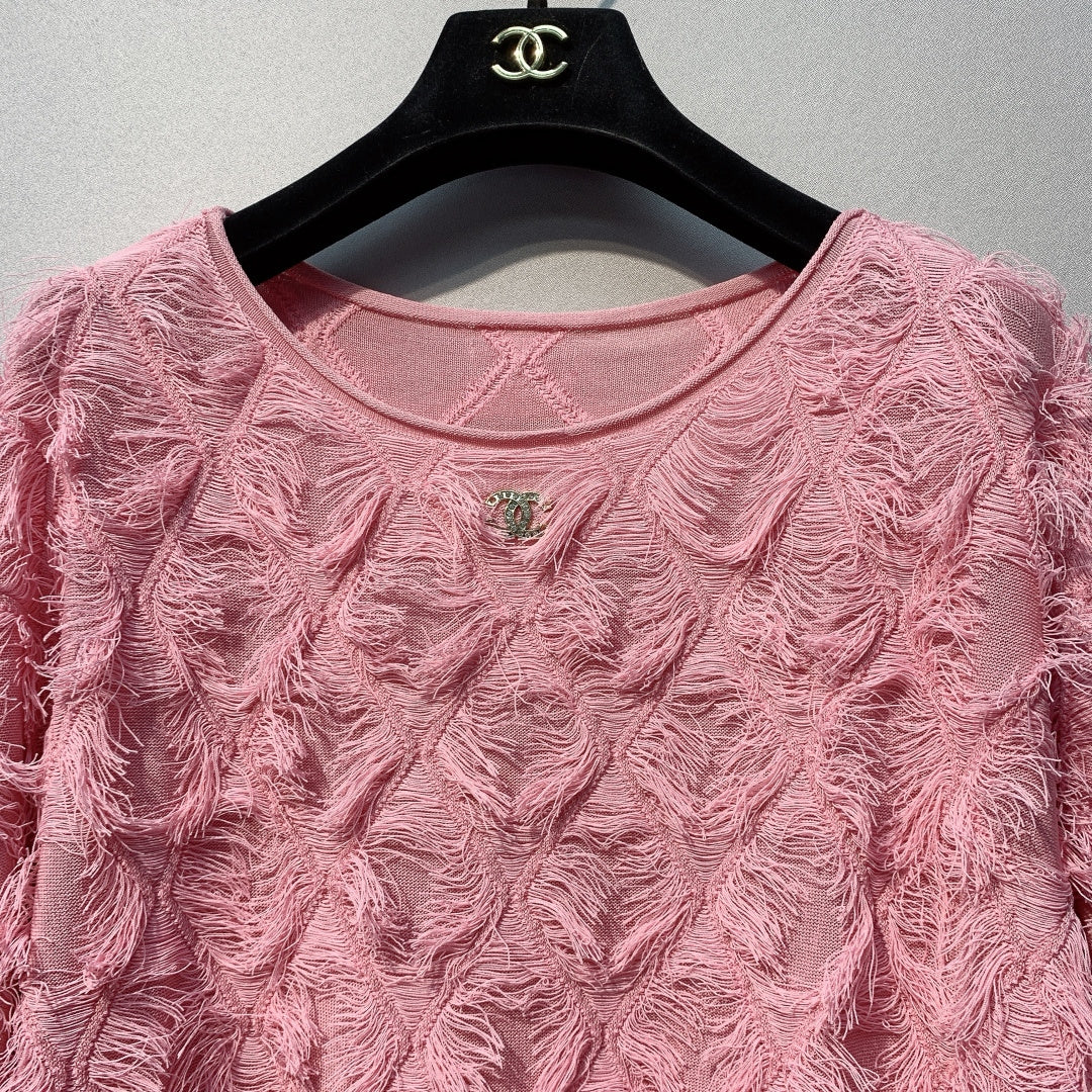 CC SS26 Feather-Trimmed Chiffon Top Rosette Pink Chiffon 350964