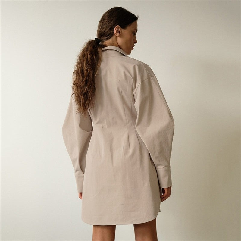 Solid Color Waist Long Sleeve Slim Fit Dress