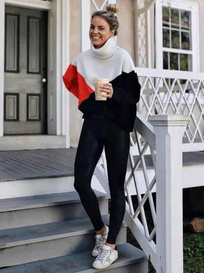 Original Loose Split-Joint Contrast Color High-Neck Long Sleeves Sweater Top