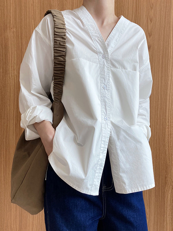 Long Sleeves Loose Buttoned Solid Color Split-Joint V-Neck Blouses&Shirts Tops