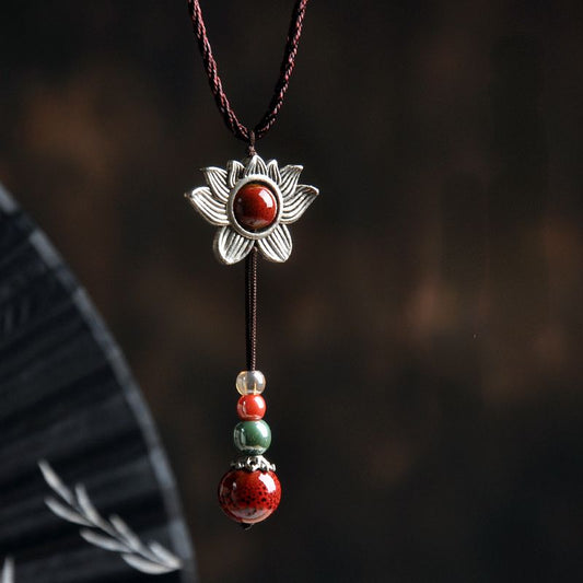 Retro Lotus Pendant Vermilion Decoration Necklace Simple Accessories Pendant Clothes Pendant National Style Sweater Chain
