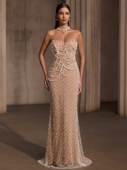 Marissa Strapless Pearl Fringe Chain Maxi Dress