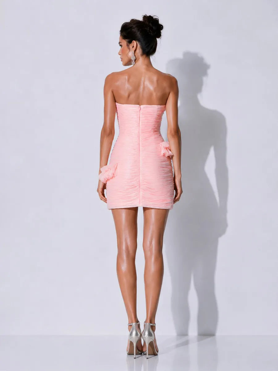 Evangeline Strapless Ruched Ruffle Mini Dress