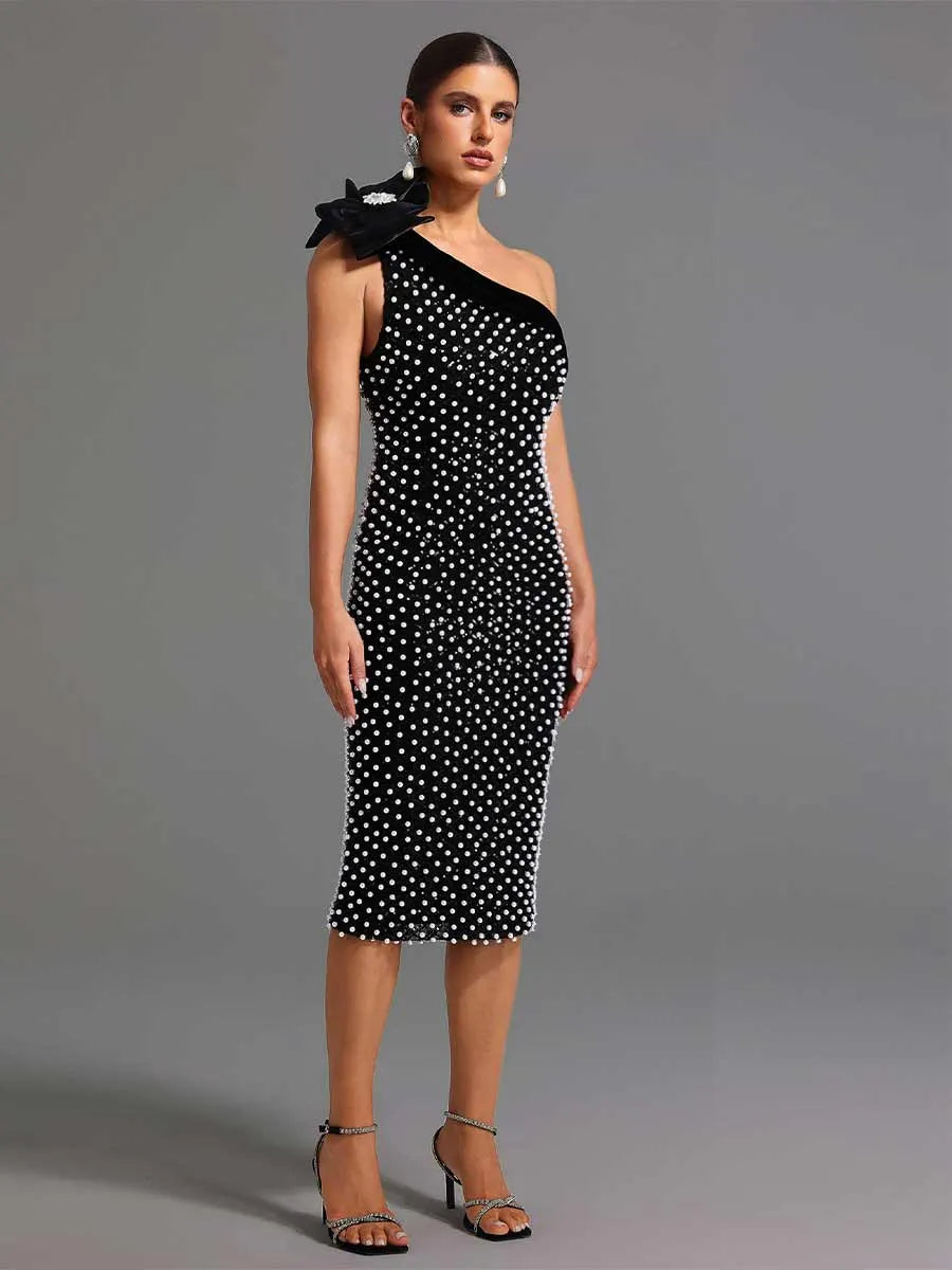 Calla One Shoulder Flower Diamond Pearls Midi Dress