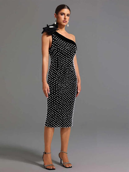 Calla One Shoulder Flower Diamond Pearls Midi Dress