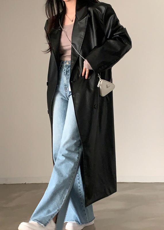 Black PU Leather Trench Coat Double Breasted Style
