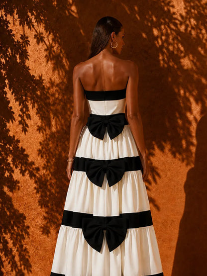 Davina Strapless Striped Maxi Dress with Bow Detail