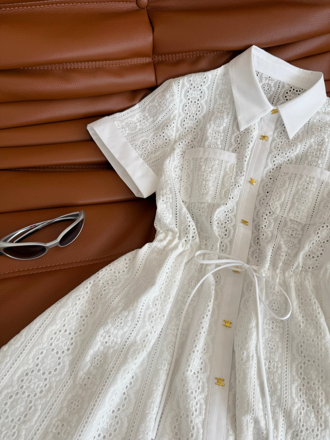 Celine 25 Hollow Shirt Dress with Gold Metal Button White Cotton