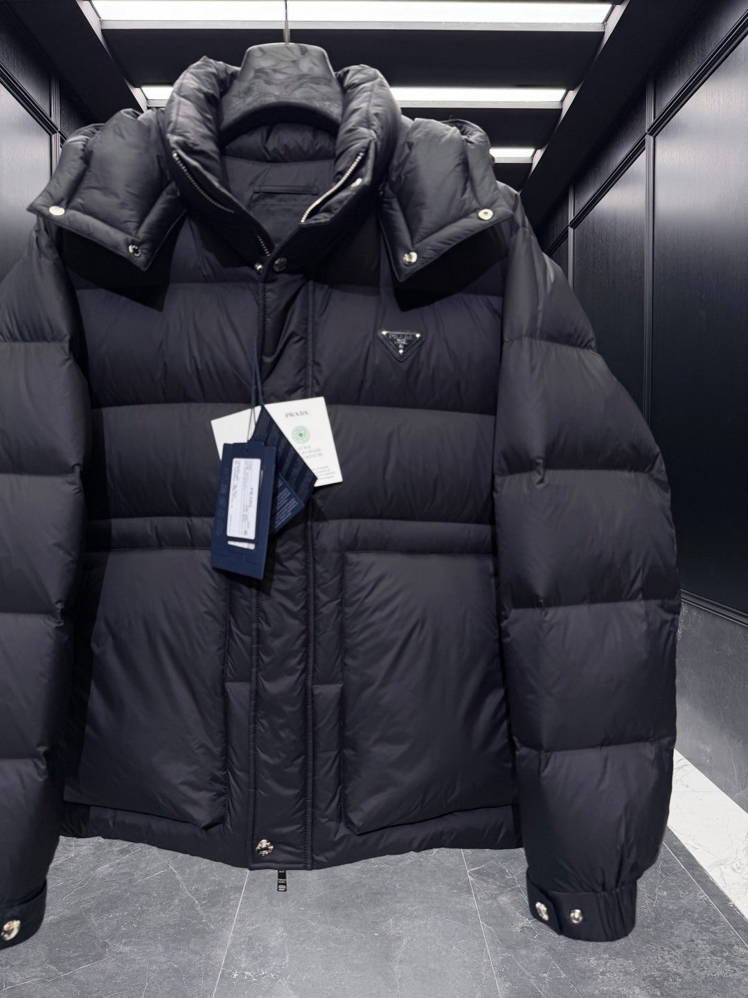 Prada 2025 Quilted Hooded Jacket Black Nylon Down