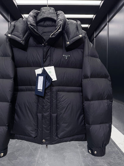 Prada 2025 Quilted Hooded Jacket Black Nylon Down