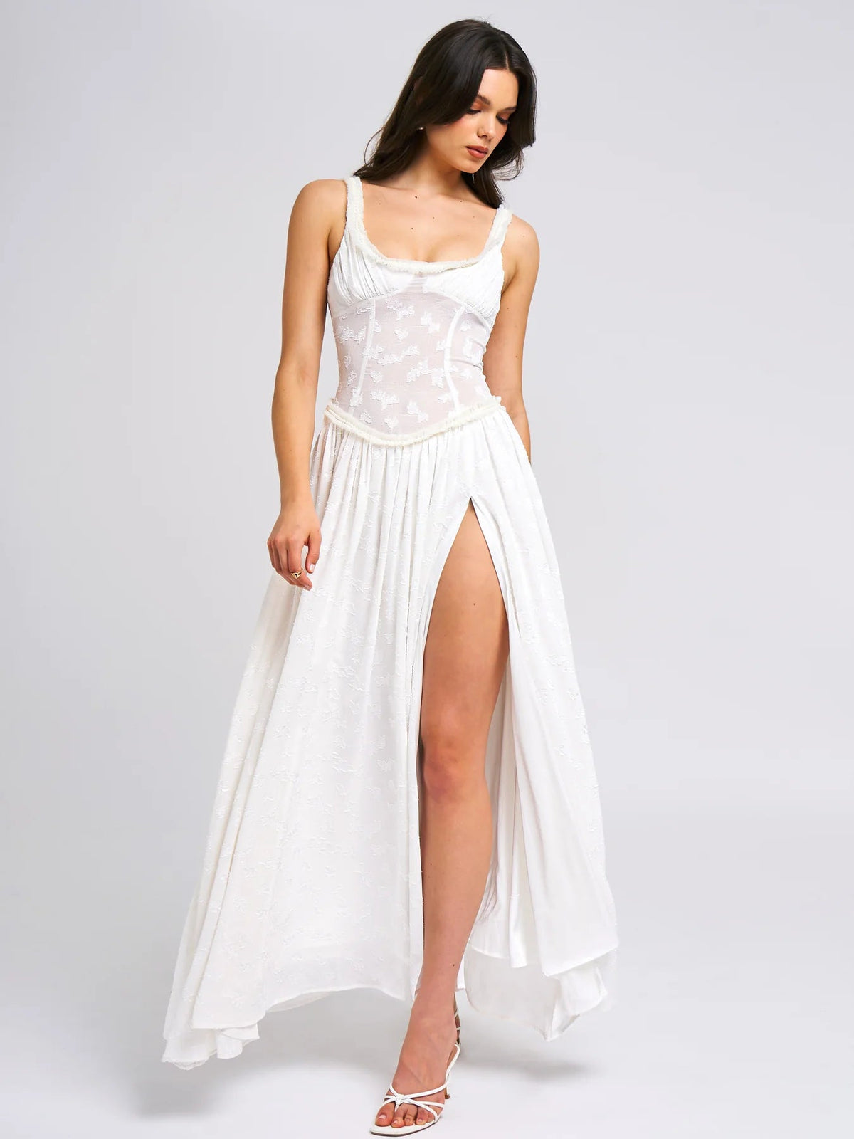 Lace Maxi Dress With Square Neckline And Slit