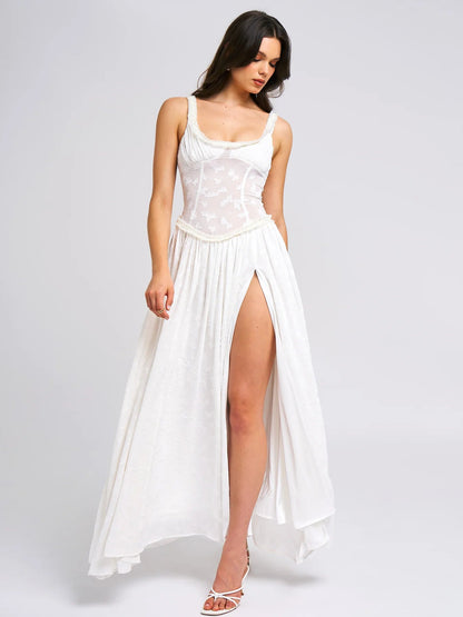 Lace Maxi Dress With Square Neckline And Slit