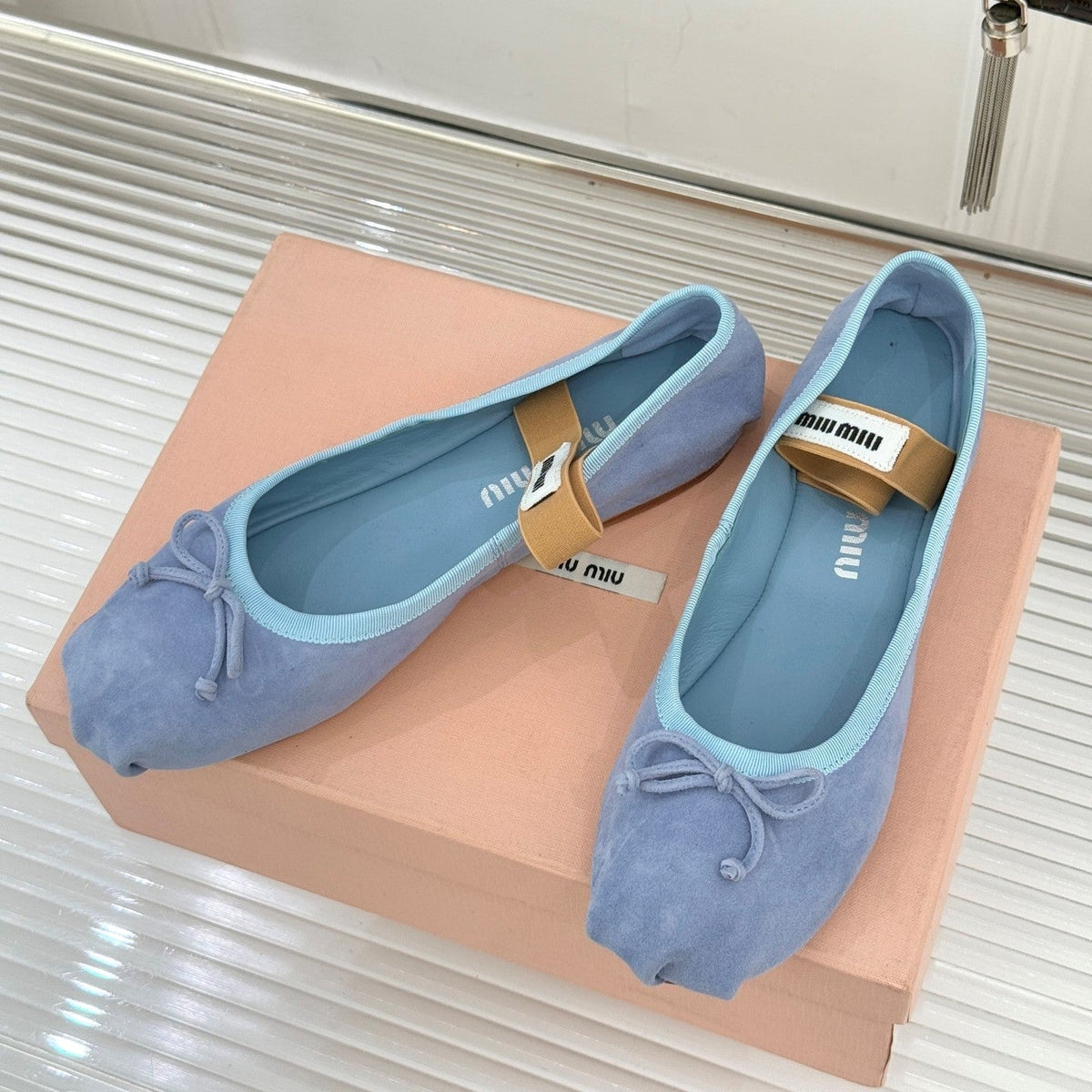 Miu Classic Bow Letter Ballet Flat French Sky Blue Suede