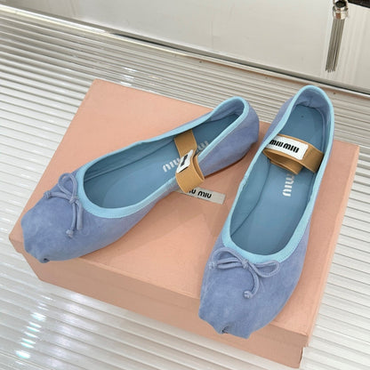 Miu Classic Bow Letter Ballet Flat French Sky Blue Suede