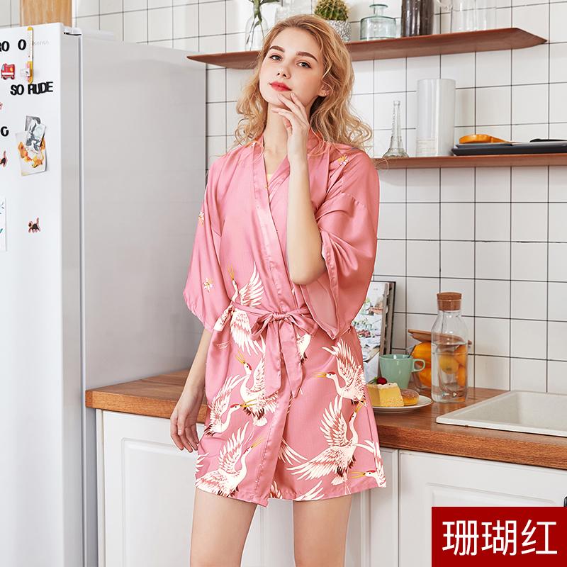 Silk Crane Pajama Girl Summer Mid Sleeve Bride Morning Robe Big Yard Home Robe Bathrobe Color9