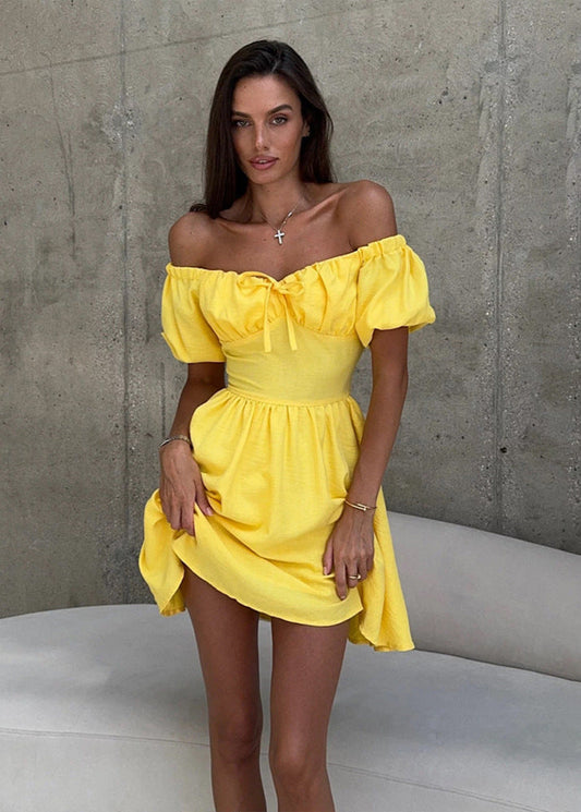 Off Shoulder Puff Sleeve Mini Dress Cotton Blend