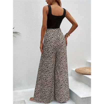 Stretch Waist Leopard Print Flare Pants Bow Tie