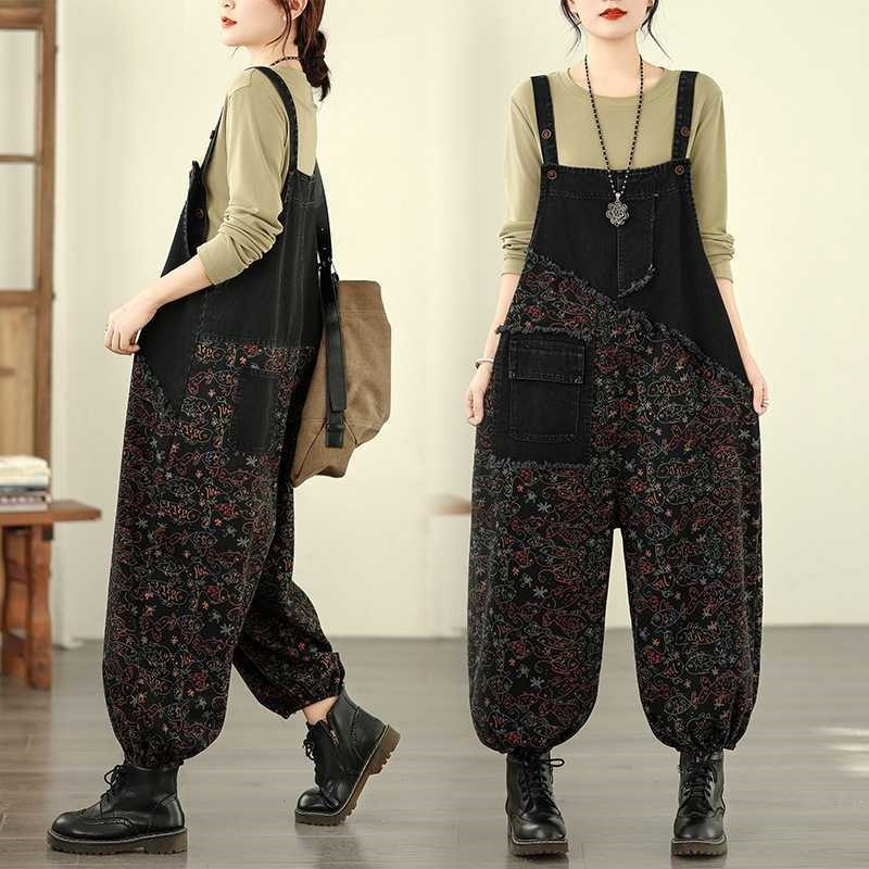 Printed Loose Denim Overalls