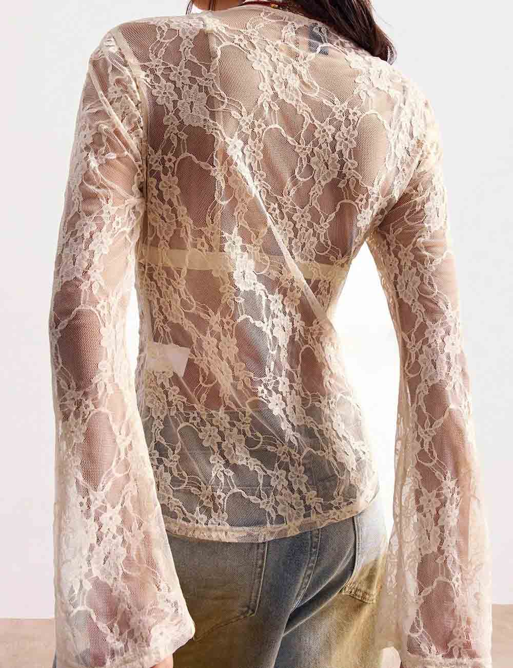 Lace Floral V-Neck Slim Button Up Blouse