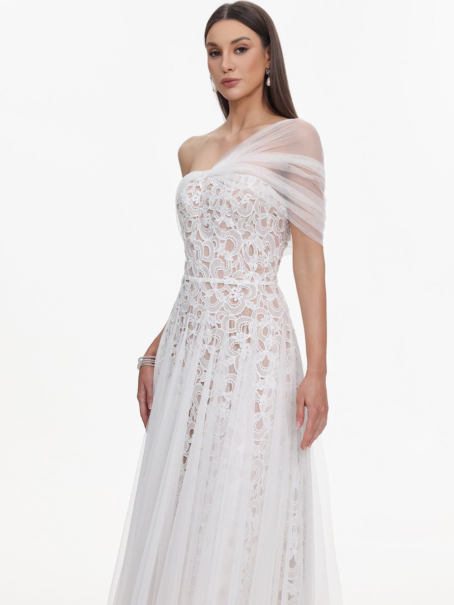 Liliana Elegant Tailored Off Shoulder Lace Tulle Maxi Dress