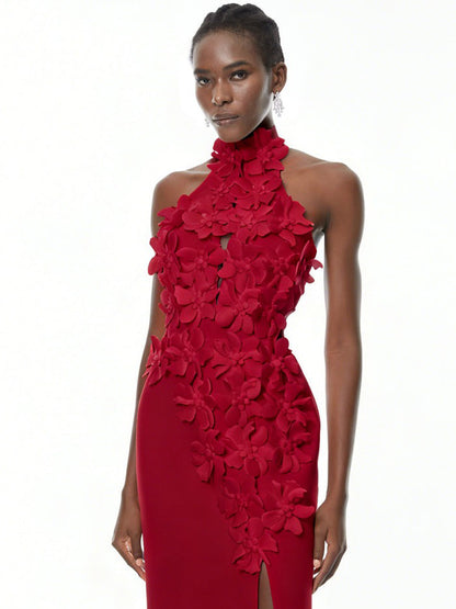 Clara Halterneck 3D Petal Maxi Dress