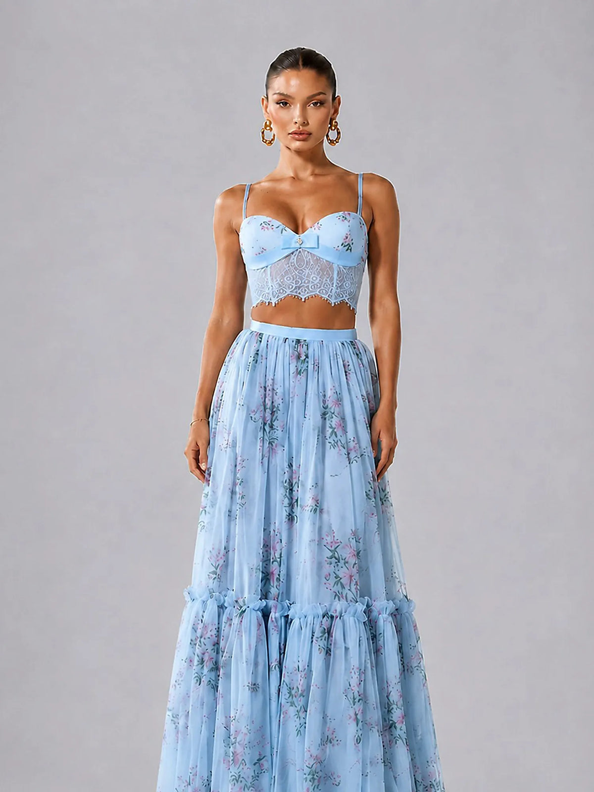 Cyra Chiffon Floral Print Maxi Skirt Set