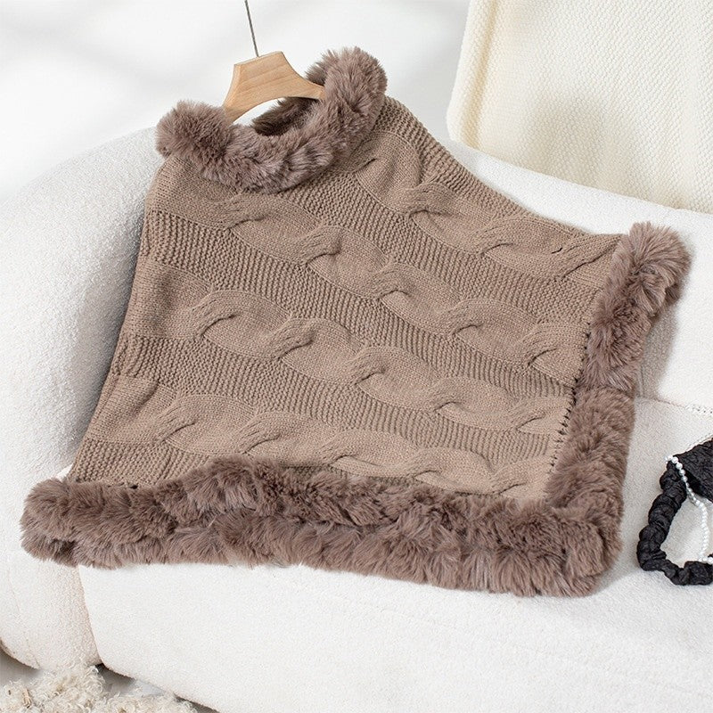 Fur Collar Cable Knit Sweater Cape