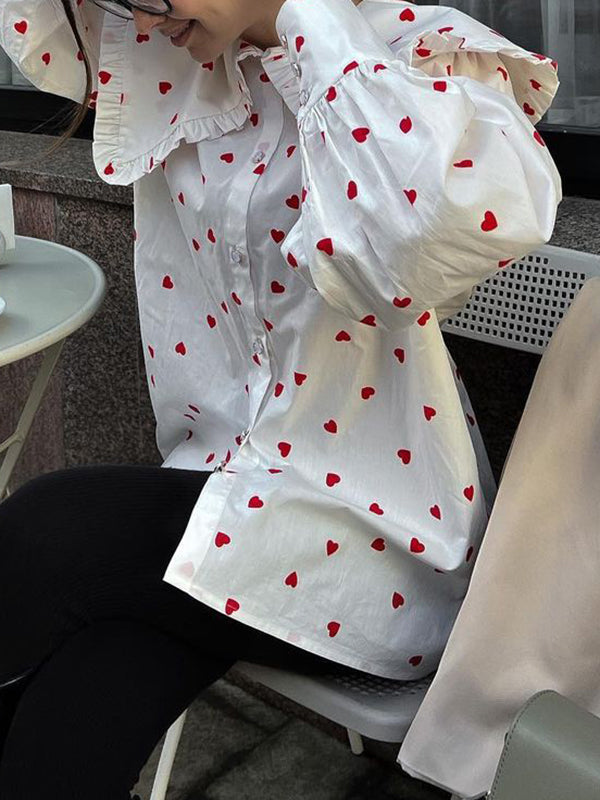Loose Contrast Color Doll Collar Heart Print Blouses&Shirts Tops