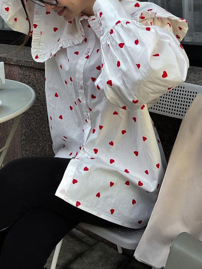 Loose Contrast Color Doll Collar Heart Print Blouses&Shirts Tops
