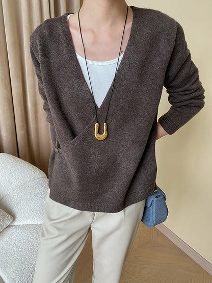 Long Sleeves Loose Asymmetric Buttoned V-Neck Cardigan Tops