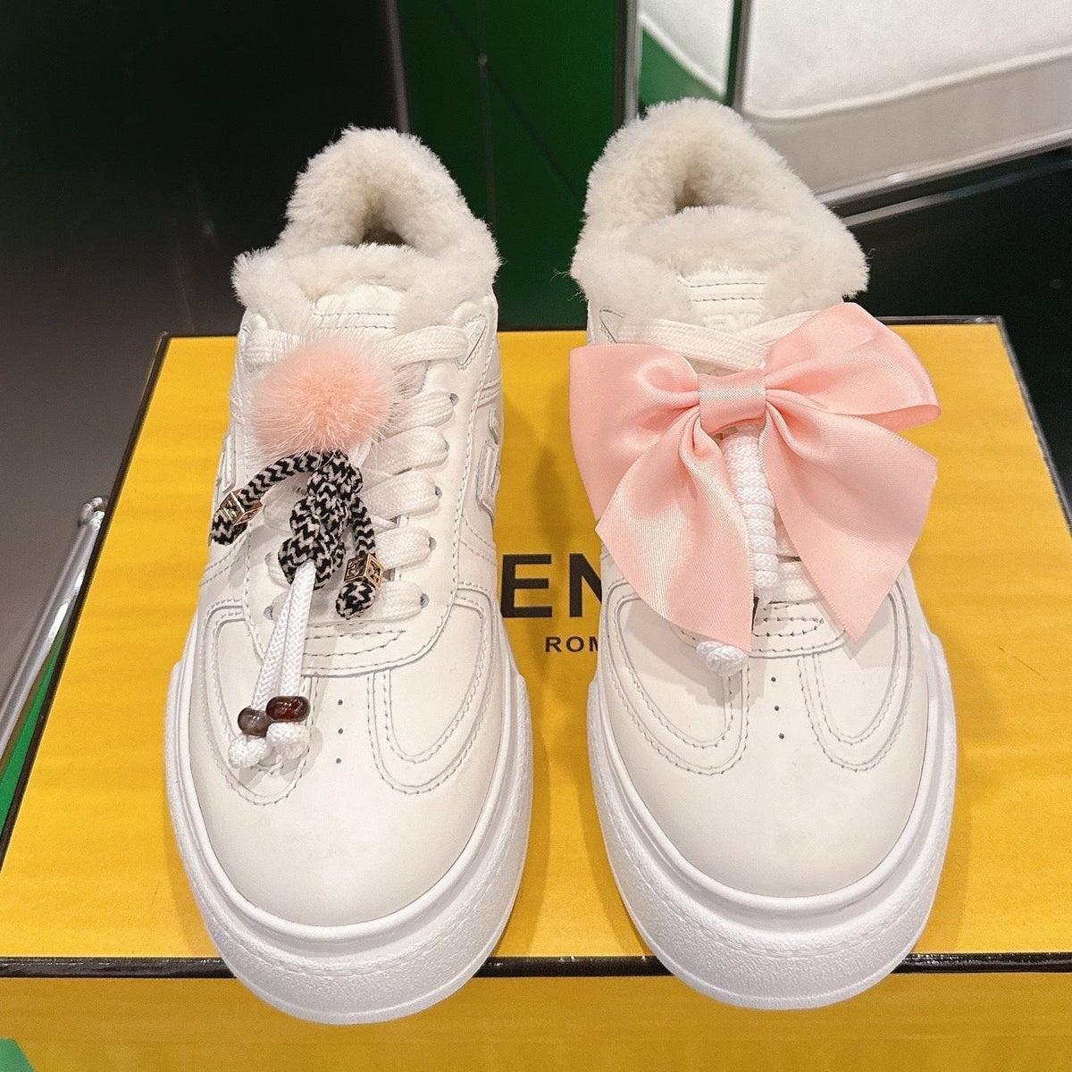 Fendi 2025 Match Platform Sneakers White Leather Wool 562581