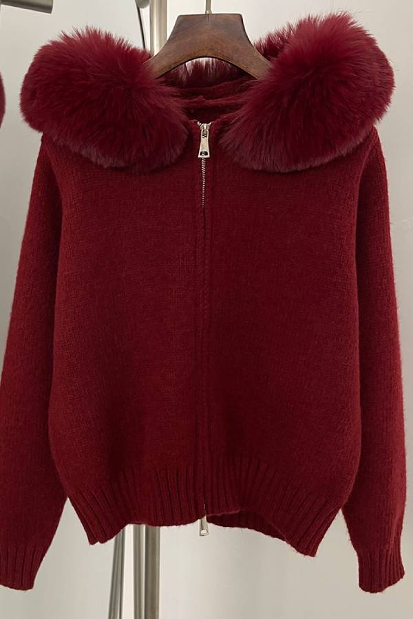 Fur-collar zip-up cardigan