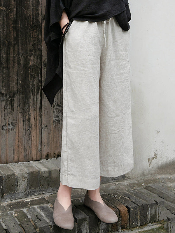 Simple Linen Column Elasticity Waist Bandage Pants