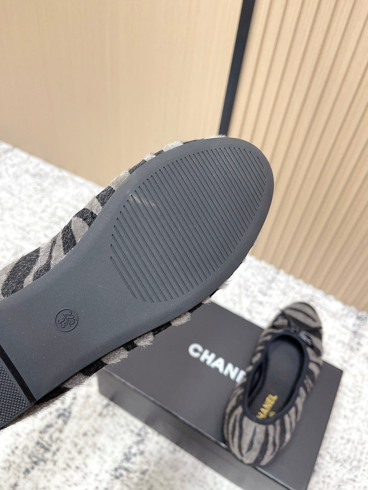 Chanel 26 Tiger Print Gray Black Ballet Flat in Sheepskin Wool 591375