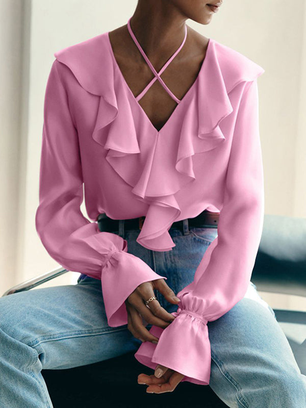 Solid Color Ruffled Flared Sleeves Long Sleeves V-Neck Blouses