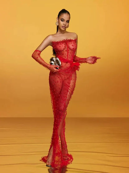 Asterra Strapless Pearl Mesh Maxi Dress