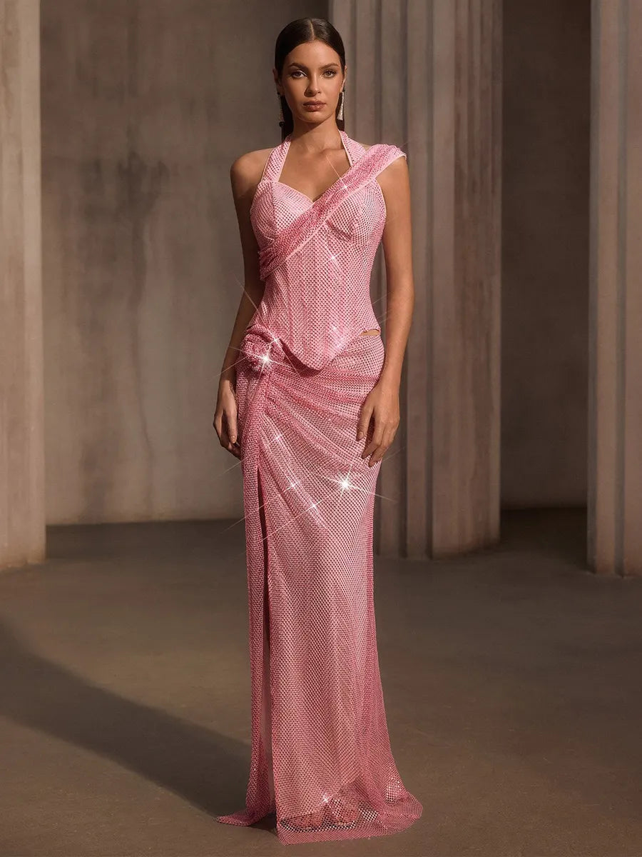 Marisol Rhinestone Mesh Split Flower Maxi Dress